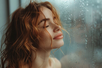 Serene Redhead Woman Enjoying a Rainy Day by the Window