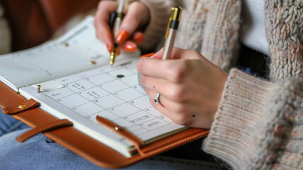A person seated and writing intently on a notebook placed on their lap