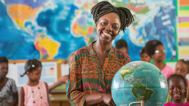 African American woman stands holding a globe in front of a group of children, engaging them in a lesson about geography and the world around them - Powered by Adobe