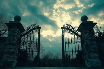Mysterious Arched gate surreal sky. Bright entrance. Generate Ai