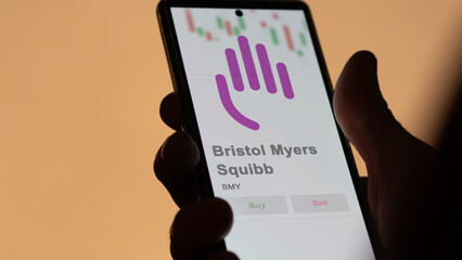 April 09th 2024 , New York City, New York. Close up on logo of Bristol Myers Squibb on the screen of an exchange. Bristol Myers Squibb price stocks, $BMY on a device.