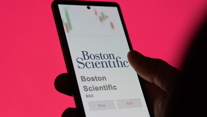 April 09th 2024 , Marlborough, Massachusetts. Close up on logo of Boston Scientific on the screen of an exchange. Boston Scientific price stocks, $BSX on a device.