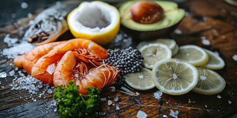 Fresh Seafood Delicacies with Lemons and Avocado on Rustic Table