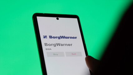 April 09th 2024 , Auburn Hills, Michigan. Close up on logo of BorgWarner on the screen of an exchange. BorgWarner price stocks, $BWA on a device.