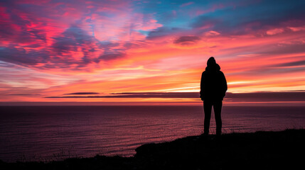A person stands atop a hill overlooking the ocean, gazing at the vast expanse of water below at sunset - Powered by Adobe