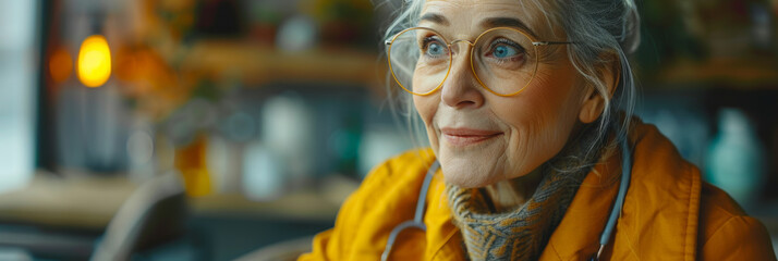 Obraz na płótnie Canvas Elegant Senior Woman with Glasses Enjoying Cozy Atmosphere
