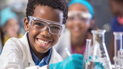 A young boy wearing a lab coat and protective goggles, possibly working on a science experiment or...