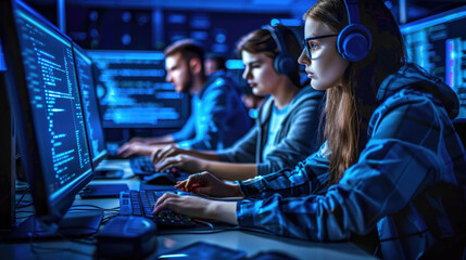 Team of focused eSports players engage in a competitive gaming event, illuminated by the cool glow of computer screens