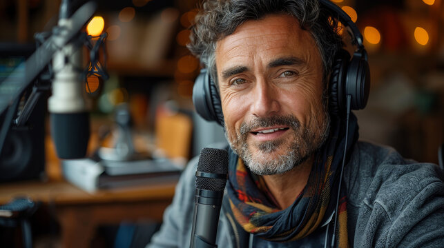  a man speaks and gestures in front of a microphone while performing a podcast 