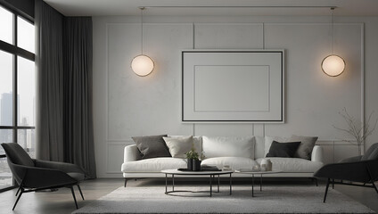 mockup frame hanging on the wall with Modern interior Room design. 3D render style. illustration generative ai