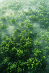 Naklejka na ściany i meble Ethereal Morning Mist Over Lush Green Forest Canopy