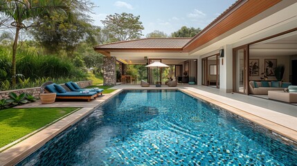 Fototapeta premium Sunny idyllic swimming pool and summer garden , villa, house