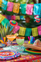 Fototapeta na wymiar Cinco de Mayo,Mexican colorful summer fiesta party,sombrero hat,maracas margarita cocktail,table colorful Mexican decorations. With the exotic beach 