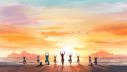 A group of people are doing yoga on a beach at sunset - obrazy, fototapety, plakaty