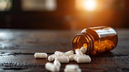 Spilled bottle of white pills on a wooden table with sunlight, representing health care, medication, and pharmaceuticals.