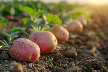Fresh Organic Potatoes Harvested at Sunset in a Farm Field