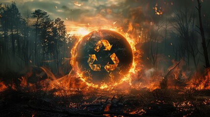 A burning globe with a recycling symbol, representing environmental issues and the urgent need for sustainability.