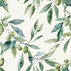Light watercolor olive branches, seamless, Mediterranean whisperss. Seamless Pattern, Fabric Pattern, Tumbler Wrap, Mug Wrap. - obrazy, fototapety, plakaty