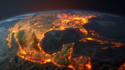 Dramatic visualization of a region on Earth's surface ablaze with fire, depicting environmental disaster or climate change impact.
