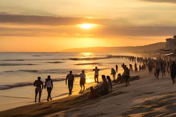 Fototapeta na wymiar People on seashore during golden hour Generative AI