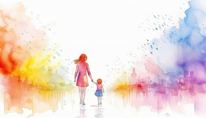 A woman and a child are walking down a road - obrazy, fototapety, plakaty