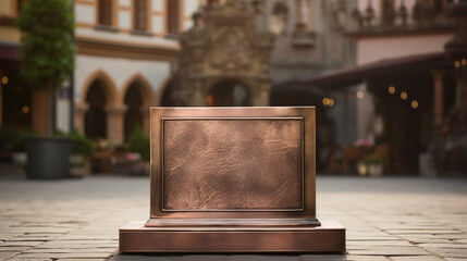 An empty bronze nameplate sits on a stone slab in a European city square.