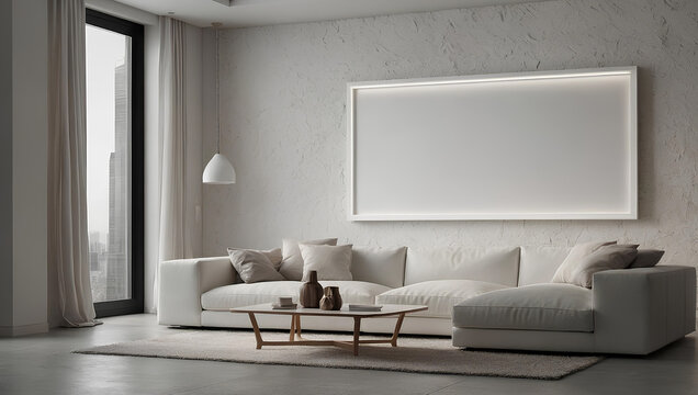 mockup frame. blank white mockup frame hanging on the wall with Modern interior Room design. 3D render style. illustration generative ai