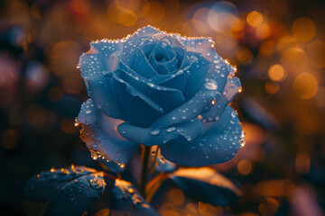 Blue Rose in Dew with Golden Bokeh Background