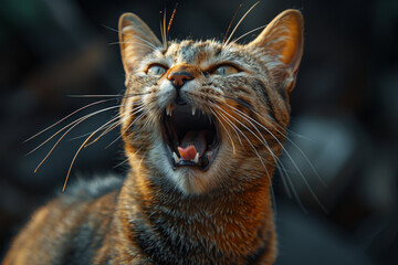 Whiskered Tabby Cat Expressing Aggression with Open Mouth