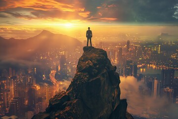 A person stands atop a mountain peak, gazing at a sprawling city below amidst golden sunrise clouds. - obrazy, fototapety, plakaty