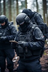 A group of police officers are seen standing in the woods, equipped with communication devices, as they strategize and coordinate their operations in the forest