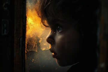 Child Gazing Through a Frosted Window at Golden Hour