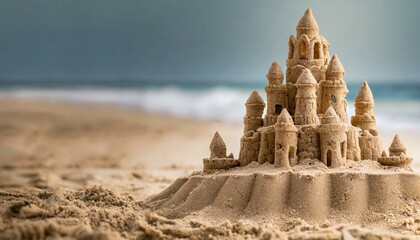 sandcastle sculpture built at the beach in vacation summer time, showcased as a wide banner with copy space area background