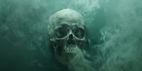 Mysterious Skull Engulfed in Eerie Green Mist - obrazy, fototapety, plakaty