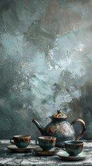 Tea time nostalgia, teapot with cups, moody background - obrazy, fototapety, plakaty