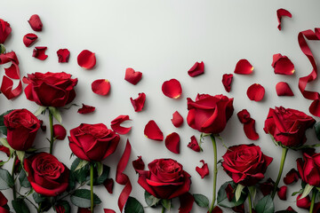 Elegant Red Roses and Scattered Petals on Neutral Background