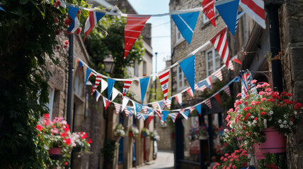 Picturesque old-town street festooned with American-themed bunting and vibrant hanging flower baskets, celebrating the 4th of July - obrazy, fototapety, plakaty