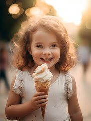 Portrait of a happy little child with ice ream in a cone, blurry background 