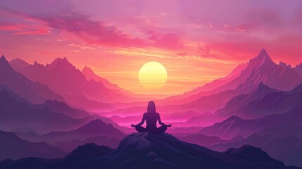 Woman practices yoga and meditating on the mountain sunset background.