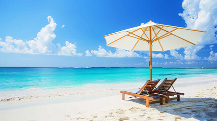 Obraz premium A beach chair reclined under a parasol at a beautiful tropical beach