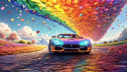 A Relic Reborn: A Classic Sports Car Bathed in Rainbow Hues, a Testament to Enduring Passion Against a Fiery Sunset.	
 - obrazy, fototapety, plakaty