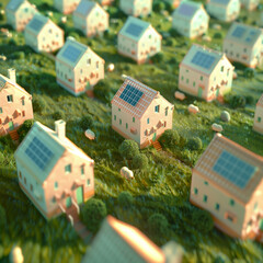 Sun-drenched paradise: Cute pink-roofed houses powered by the sun in a lush green field.