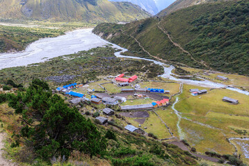 View to the settlement of Khambachen (aka Khangpachen or Kambachen) from a hill in the Kanchenjunga region in the Himalaya, Nepal on Kanchenjunga Base Camp trek and Great Himalaya Trail (GHT) - 783681183