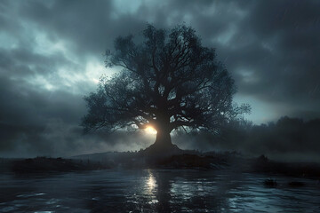 Solitary Guardianship Amid Whispers of Nightfall - Serene Cinematic Landscape with Ethereal Tree Reflection in Moody Lake - obrazy, fototapety, plakaty
