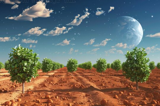 Fruit trees flourishing in the red soil of Mars with Earth rising in the sky, a vision of extraterrestrial agriculture