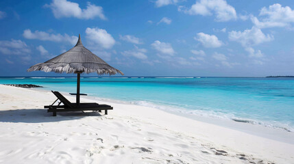 Fototapeta premium A beach chair reclined under a parasol at a beautiful tropical beach