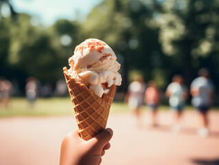 Close up of a childs hand holding a cone with ice creme scoop, blurry summer outdoor park background 