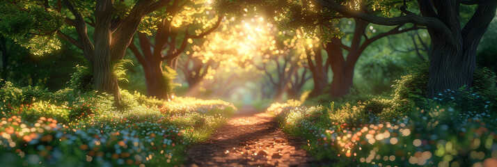 Enchanted Forest Path at Sunset with Lush Foliage and Golden Light