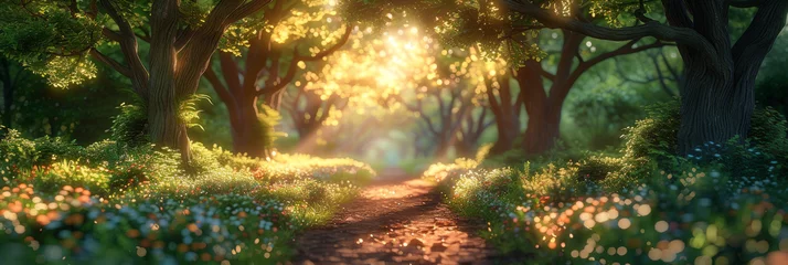 Zelfklevend Fotobehang Enchanted Forest Path at Sunset with Lush Foliage and Golden Light © smth.design