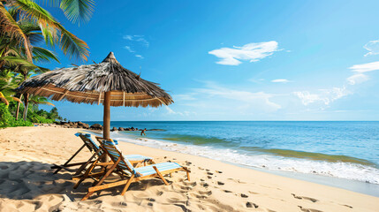 A beach chair reclined under a parasol at a beautiful tropical beach